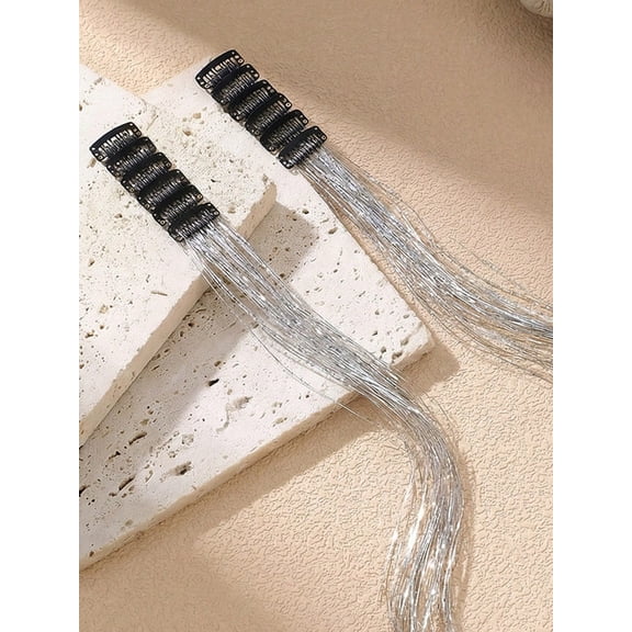 12pcs Women's Fashion Shiny Silver, Foil Tassel Hair Clips, Ribbons, Straight Hair Extension