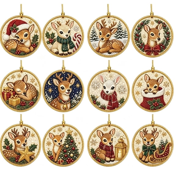 12pcs Woodland Animal Set Christmas Pearl Art Kits for Adults, 5D Diamond Art Kits Round Hanging Ornament DIY Craft Decor, Winter Gift