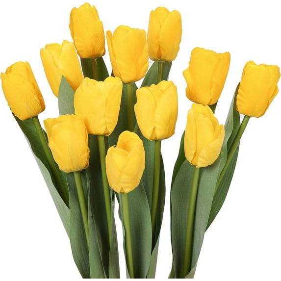 12pcs Yellow Artificial Tulips Flowers Faux Tulips Spring Bouquets Fake Tulips for Decoration Wedding Floral Arrangements Centerpieces Decor with Box