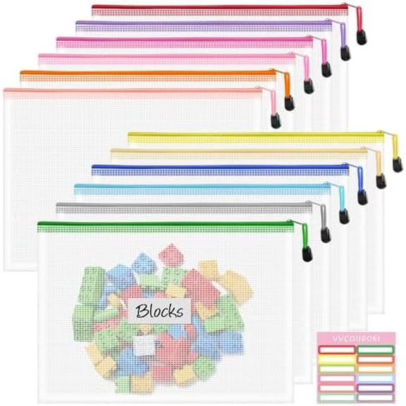 12pcs Zipper Pouch, A4 Storage Bags, 12 Colors Organization Pouches, File Bags, Clear Pouch, Plastic Bags, Reusable Zipper Pouches for Toys, Paper, School Office Supplies