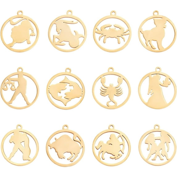 12pcs Zodiac Sign Charm Constellations Pendant Charms Metal Flat Round Hollow Dangle Charm DIY Bracelet Necklace Jewelry Crafts Making 1.4mm Hole Gold