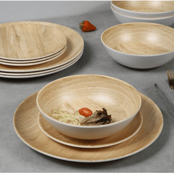 12pcs dinnerware set Indoor and Outdoor use, Bamboo Pattern Dishes Dinnerware Set for 4,Dishwasher Safe