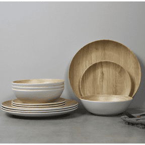 12pcs dinnerware set Indoor and Outdoor use, Bamboo Pattern Dishes Dinnerware Set for 4,Dishwasher