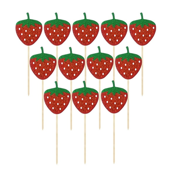 12pcs in 1 Pack Strawberry Pattern Insert Cake Inserted Picks Glitter Cake Toppers Fruits Cake Decor for Party Use