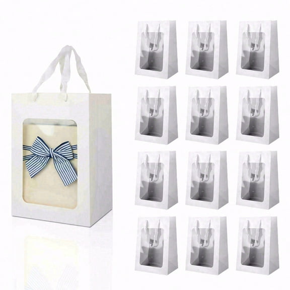 12pcs square paper gift bags with handles and transparent PVC windows, suitable for wedding parties, birthdays, Mother's Day, Thanksgiving, flower shop gift decorations