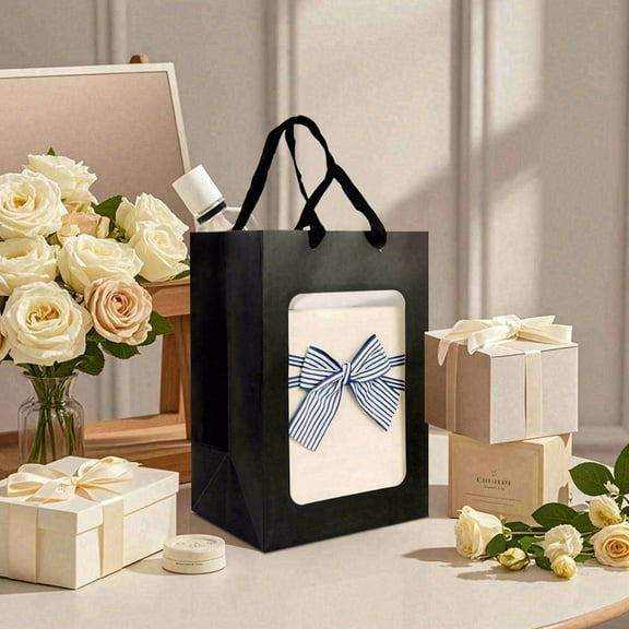 12pcs square paper gift bags with handles and transparent PVC windows, suitable for wedding parties, birthdays, Mother's Day, Thanksgiving, flower shop gift decorations