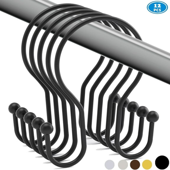 TABGIME 12pk Shower Curtain Hooks Rings, Rustproof Metal Balanced Glide Shower Hook, Double Hooks for Bathroom Shower Rod Curtain, Brushed Matte Black Finish