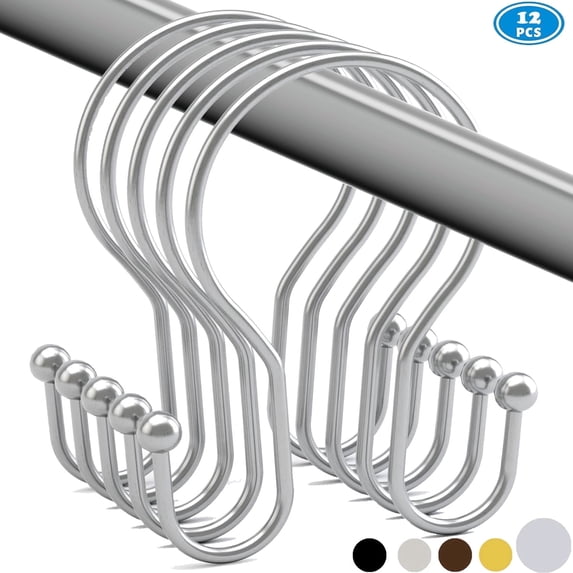 12pk Shower Curtain Hooks Rings, Rustproof Metal Balanced Glide Shower Hook, Double Hooks for Bathroom Shower Rod Curtain, Plated Chrome Finish