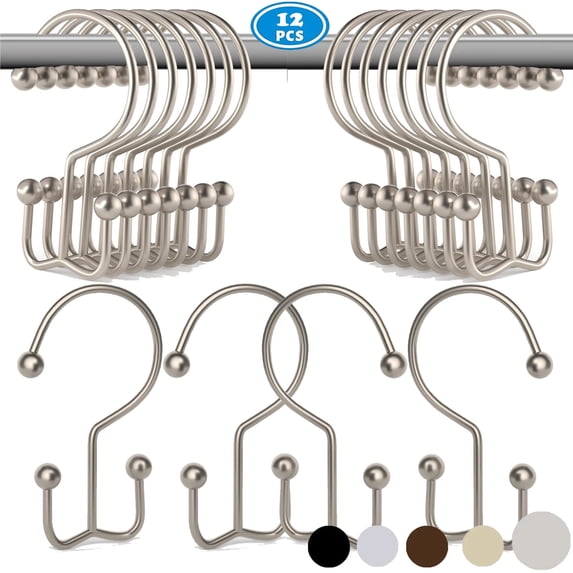 12pk Shower Curtain Hooks Rings, Rustproof Metal Glide Shower Hook, Double Hooks for Bathroom Shower Rod Curtain, Brushed Matte Nickel Finish