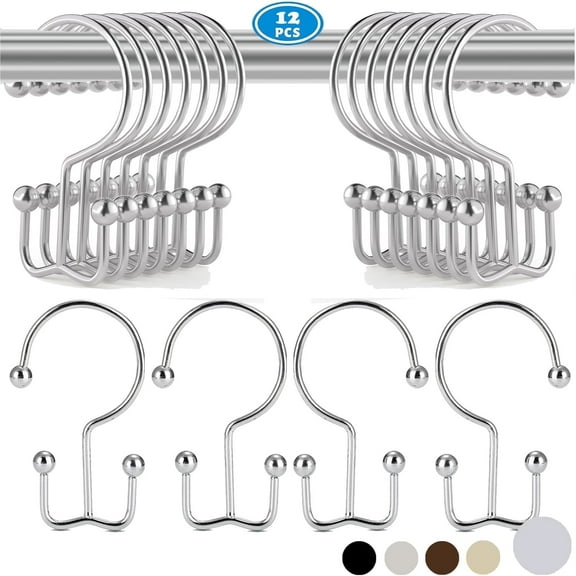 TABGIME Durable Plated Chrome Finish Metal Rustproof Double Hooks Shower Curtain Rings, 12 Count