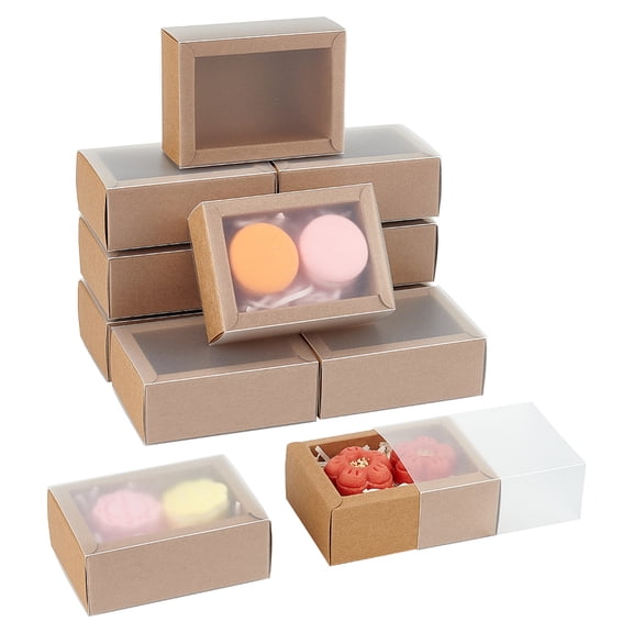 12sets 12 pcs Rectangle Drawer Kraft boxes 4.33x3.15x1.65 Inch Gift Packaging Case Foldable Paper Drawer boxes with Frosted Clear Window for Party Favor Treats and Jewelry Crafts BurlyWood