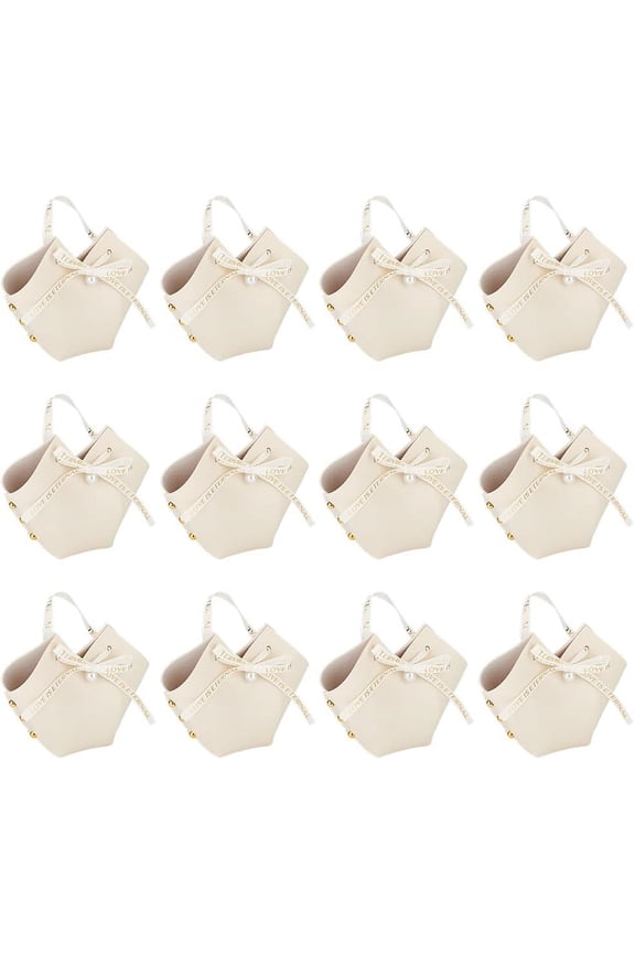 12sets PU Leather Candy Gift Handbags with Imitation Pearl Charms and Ribbon Nails Wedding Favor Candy Bags Beige