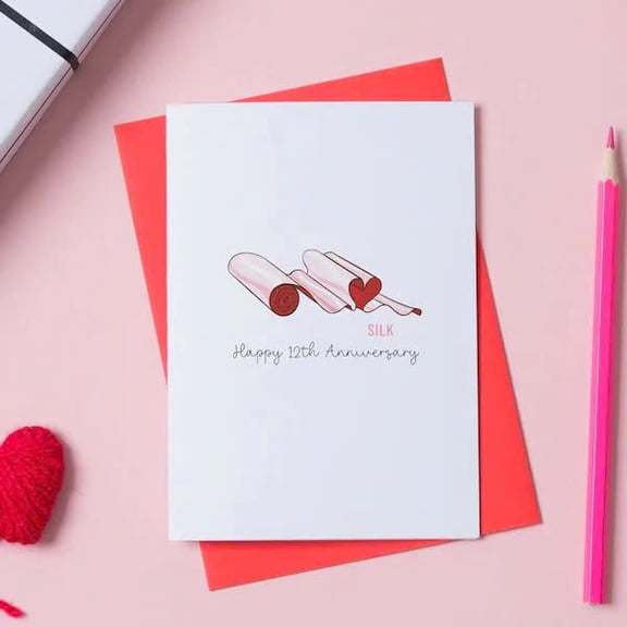 12th Anniversary Greeting Card Happy 12th Anniversary with Silk Roll Illustration Blank Inside, Envelope Included Perfect Couple Gift for Traditional Silk Anniversary
