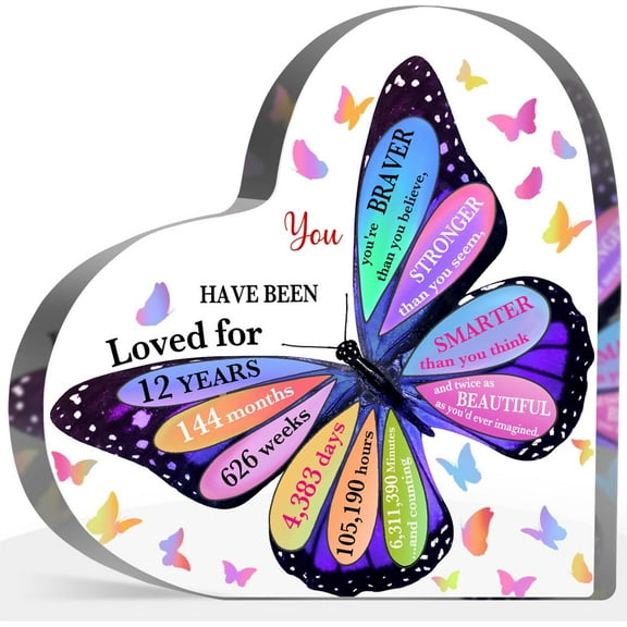 12th Birthday Acrylic Sign, 12 Year Old Girl Birthday Gifts, Inspirational Butterfly Keepsake Sign for Girls Boys, Happy 12 Birthday Gifts Idea for Daughter Girls, Table Desk for Home