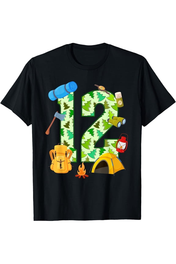 12th Birthday Camping Theme 12 Year Old Birthday Kids T-Shirt