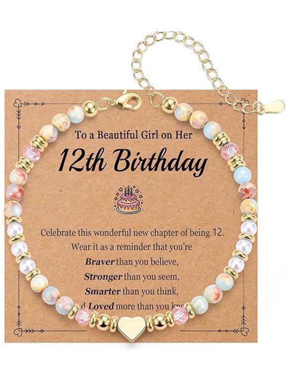 12th Birthday Gift Beaded Heart Bracelet with Wish Card Adjustable Chain Wristband Meaningful Birthday Present Idea for 12 Year Old Girls Daughter Niece Granddaughter