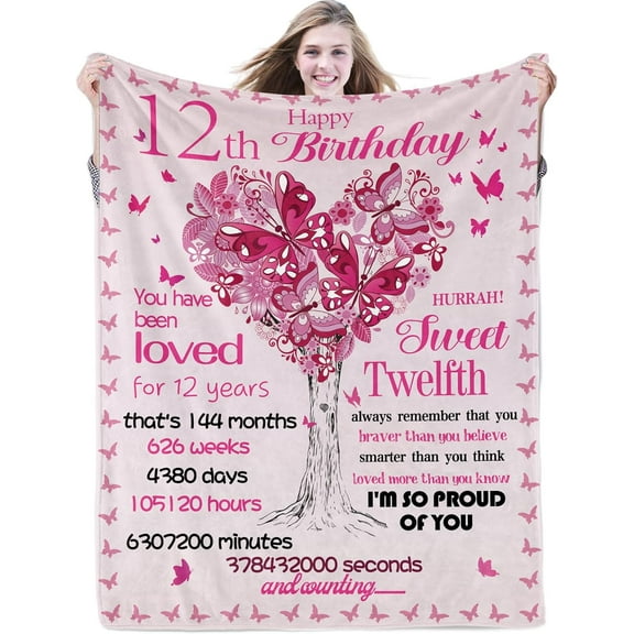 12th Birthday Gifts for Girls Happy Sweet 12 Blanket Gifts 12 Year Old Flannel Fleece Throw Blankets for Daughters, Nieces, Granddaughters, Twelve Birthday Gift Idea Decorations, 12th, 50''X60''