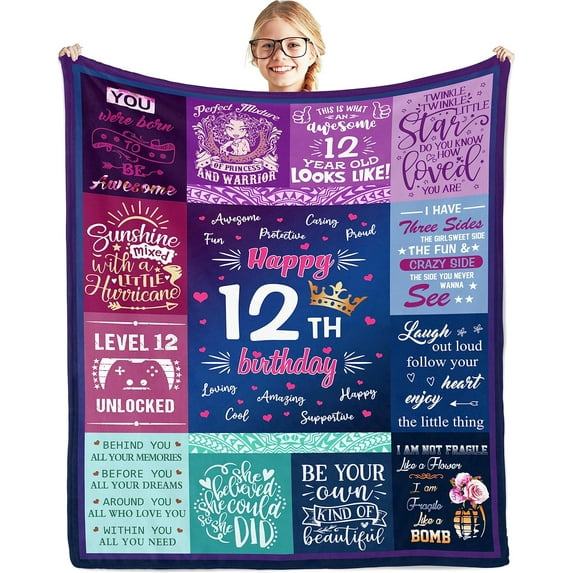12th Birthday Gifts for Girls Throw Blankets, Best Gifts for Girls 12 Years Old, Girls Gifts Age 12, 12 Year Old Birthday Party Decorations, Girls 12 Year Old Gift Ideas - 50 * 60 Inch