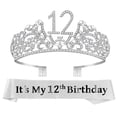 thumbnail image 1 of 12th Birthday Sash and Tiara for Girls - Fabulous Glitter Sash + Flowers Rhinestone Silver Premium Metal Tiara for Girls, 12th Birthday Gifts for Princess Party, 1 of 7