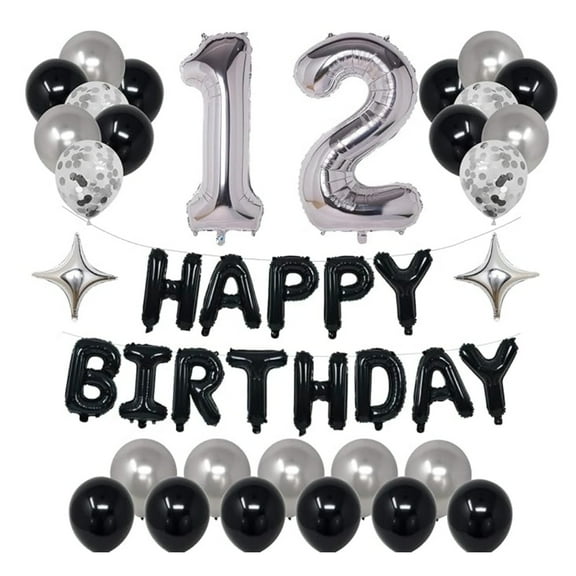 12th Black Silver Birthday Party Decorations for Boys Girls,Happy 12 Birthday Party Supplies with Black Happy Birthday Banner,12 Number Balloons