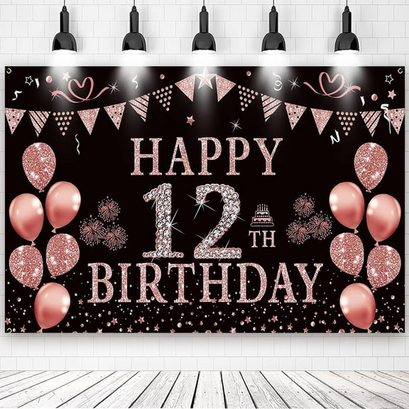12th Happy Birthday Rose Gold Theme Backdrops Banner Birthday Party Decor Supplies,5.9x3.6ft
