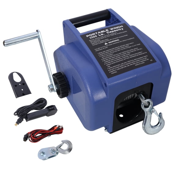 12v 3500lbs Trailer Winch,Reversible Electric Winch, for Boats up to 5000 lbs.Galvanized Wire Rope,with extra pulley hook,power in and power out,with manual function.blue plastic casing