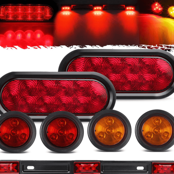 12v LED Truck Trailer Light Kit Waterproof,2x 6 Oval Red Stop Turn Tail Brake Lights+14.17" Red 3 Light 9 LED Stainless Steel ID Light Bar+(2xRed+2xAmber) 2" Round 4 LED Side Marker Lamps