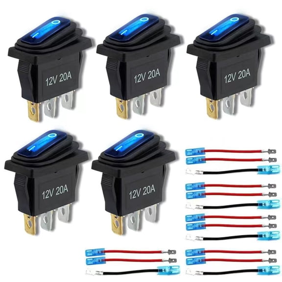12v Rocker Switch Waterproof 5 PCS - 12 Volt Toggle Switch with 3 20cm Detachable Wires, SPST 3 Pin On Off Switches Snap-in Design Square Switch with Blue LED Light for Car Boat Marine RV Truck KCD3