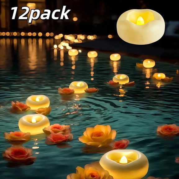 12 Pack 2 " Flameless LED Floating Candles, Water Activated Warm White, 200 Hour Battery Operated for Centerpieces Pool Bathtub