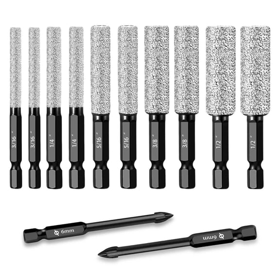 12x Dry Diamond Drill Bits & Tile Drill Bit Set 1/4" Hex Shank for Ceramic Glass