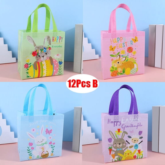 12x Easter Tote Bags Easter Egg Hunt Bags with Handle Non-Woven Gift Bags Easter-12Pcs B