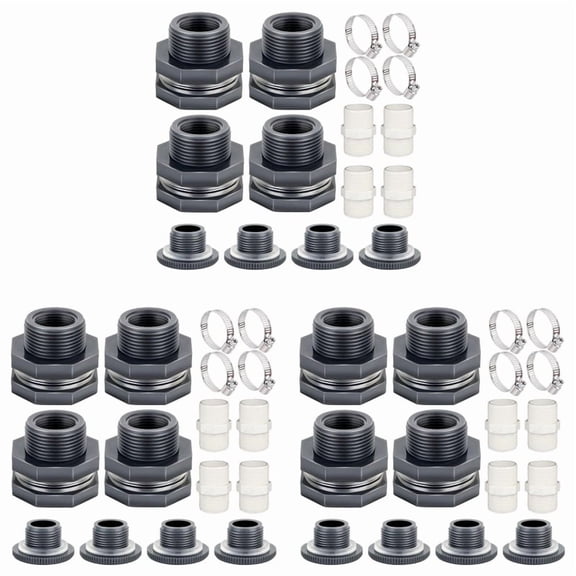 12x PVC Bulkhead Fitting 3/4 Inch with Plugs,Garden Hose Adapter with Clamp Kit,Water Tank Connector,Black