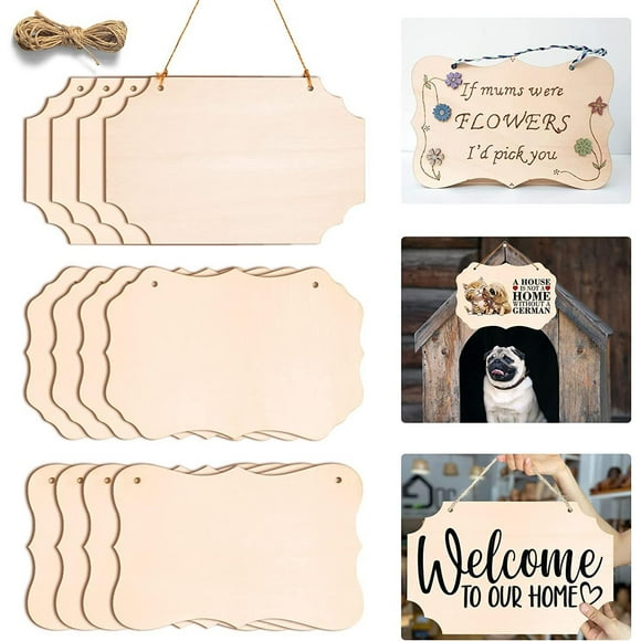 12x Unfinished Blank Signs, DIY Beige Wooden Plain Plaque Hanging Rectangle Banners Supplies, for Craft Door Writing