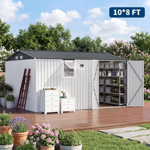 12x10 FT Large Outdoor Storage Shed with Pegboard & Solar Motion Sensor Light, Heavy-Duty Tool Metal Shed with Sloping Roof & Lockable Double Doors for Backyard, Patio, Lawn