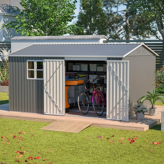 12x10 FT Outdoor Storage Shed, Metal Garden Tool Shed with Updated Frame Structure, Lockable Doors and Windows, Ideal for Backyard Garden Patio Lawn, Grey