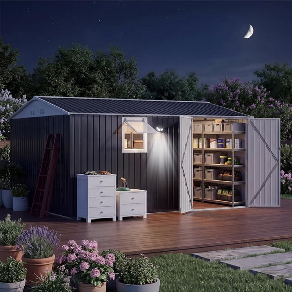 12x10 Ft Steel Storage Shed Push-Out Window LED Light Sloping Roof Lockable Doors
