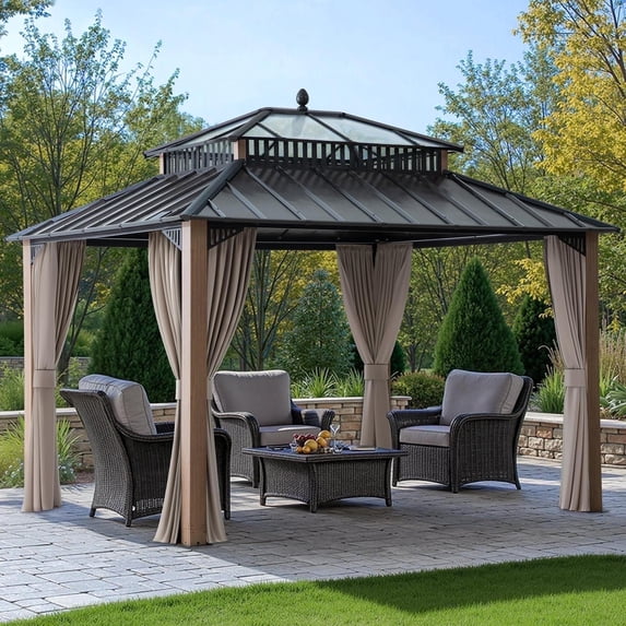Sunjoy 12x10 ft. Outdoor 2-Tier Roof PC Top Rectangular Gazebo,Kingston Series ,WoodGrian
