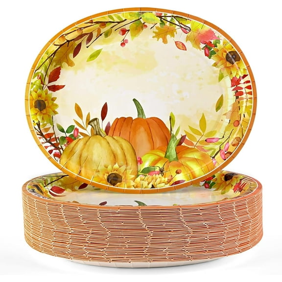 12x10 Oval Fall Paper Plates, 50PCS Fall Leaves Pumpkins Plate, Heavy Duty Plates, Large Paper Plate Disposable for Autumn Theme Party Decoration Serve 50 Guests