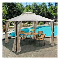 12x10 ft Outdoor Patio Gazebo with Netting, Double Tier Roof, Steel Frame, Waterproof Canopy, Removable Mesh Walls for Garden, Backyard, Parties, Beige