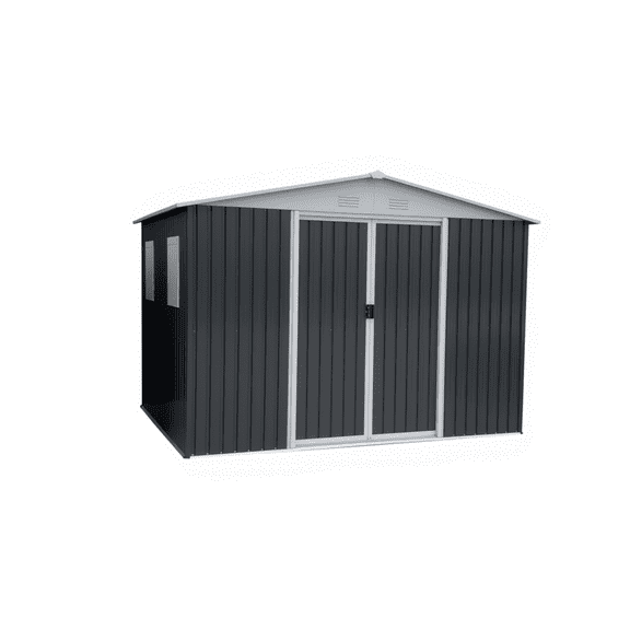 12x10FT Outdoor Storage Shed - Aluminum Alloy Frame with Apex Roof & 4 Windows, Heavy-Duty Grey Garden Shed for Tools/Equipment