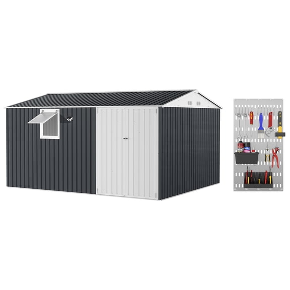 12x10FT Outdoor Storage Shed,Outdoor Metal Sheds with Pushable Window,LED Lamp&Sloping Roof,Breathable Vent, and Lockable Doors for Patio Lawn Backyard