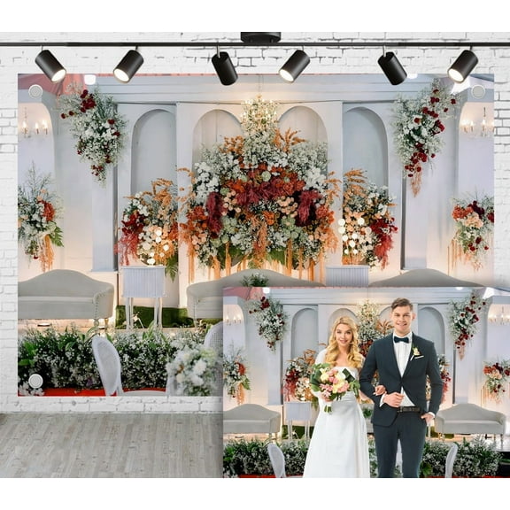 12x10ft European Palace Wedding Photoshoot Backdrop Flower Arch with Cream Furniture Ceremony Party Group Photo Engagement Proposal Background Photography Studio Props