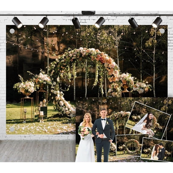 12x10ft Forest Romantic Wedding Backdrop Flower Arch String Lights Garden Wedding Background Wedding Photoshoot Wedding Arrangement Photography Props