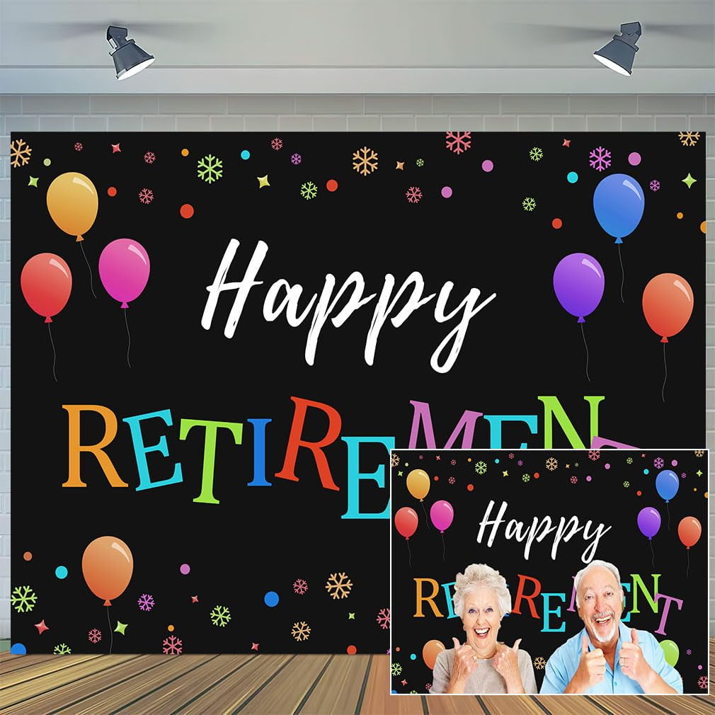 12x10ft Happy Retirement Black Banner Backdrop Colorful Balloons Happy ...