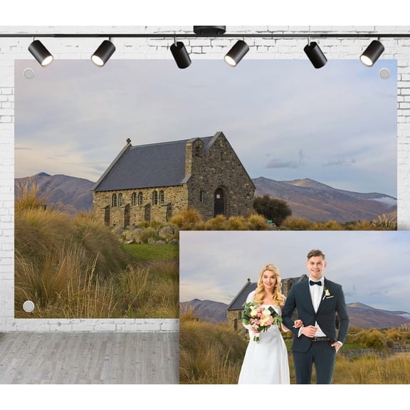 12x10ft Mountain Stone House Wedding Photoshoot Backdrop Grassland Distant Mountains Sky Stone House Decoration Background Banner Decoration Photography Studio Props