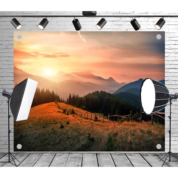 12x10ft Outdoor Background Fiery Sunset Golden Grassland Wooden Fence Lush Forest Rolling Mountains Scenic Wedding Birthday Party Photography Backdrop