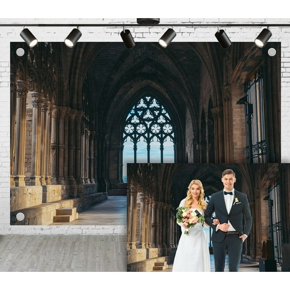 12x10ft Retro Church Style Wedding Photoshoot Backdrop Pointed Arch Large Window Stone Column Gothic Arch Background Photography Studio Props