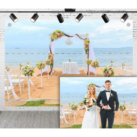 12x10ft Seaside Wedding Photoshoot Backdrop Floral Arch with Draped Tulle Round Table Hanging Crystal Chandelier Ceremony Party Engagement Proposal Background Photography Studio Props