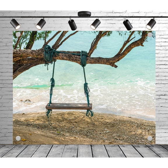 12x10ft Tropical Beach Backdrop – Rope Swing, Palm Tree Branch, Sandy Shore & Ocean Banner for Summer Party, Vacation Photos, Photo Booth or Studio Decor, Wedding Photoshoot