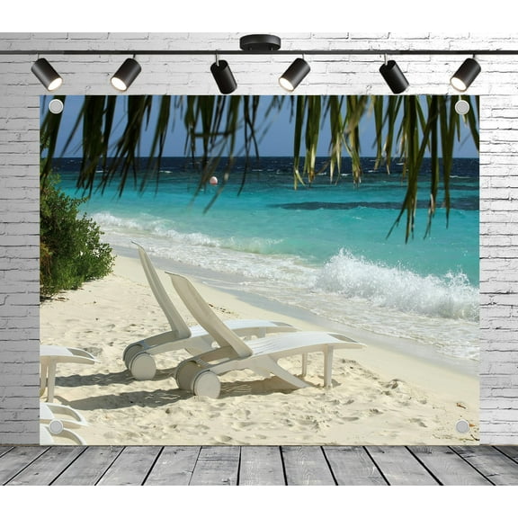 12x10ft Tropical Beach Backdrop – Sandy Shore, Beach Chairs, Palm Leaves & Turquoise Ocean Banner for Summer Party, Resort Event, Photo Booth or Studio Decor, Wedding Photoshoot